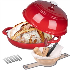 VORRINGARD Enameled Cast Iron Dutch Oven Pot with Lid, Bread Oven for Sourdough Bread Baking, Dutch Ovens with Bread Proofing Basket& Baking Supplies Set, 6 Quart, Red