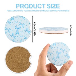 2pcs Blue Bow Car Coasters, Ceramic Cork Pad Cup Holder with Finger Notch Cute Car Accessories Interior for Women Men