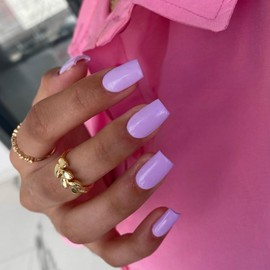 KQueenest 30 PCS Light Purple Press on Nails Short Medium Square,Salon Natural Lilac Fake Nails Acrylic,Bright Color Gel Glue on Nails,Thick Short Coffin False Nails Set,Varied Sizes for Women