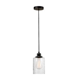 Globe Electric 60542 Annecy 1-Light Plug-In or Hardwire Pendant Light, Dark Bronze, Seeded Glass Shade, 15ft Black Fabric Cord, In-Line On/Off Switch