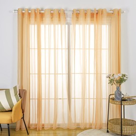 SIMPVALE Curtain Curtains with Eyelets, Polyester Voile Tab-Top Curtain Transparent for Living Room, Balcony, Bedroom, Kitchen, Width 140 cm, Height 225 cm, Orange Curtain Set of 2