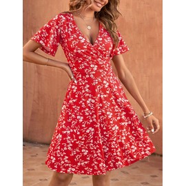FENSACE Beach Vacation Outfits for Women Sundresses Red Floral Dress Resort Wear(Floral-44,Medium)