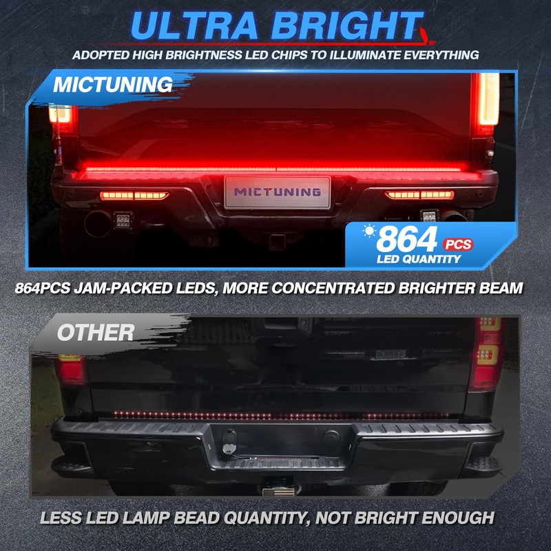 MICTUNING 60" Triple LED Tailgate Light Bar IP68 Waterproof Plug-and-Play
