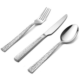 E-far 24-Piece Hammered Forks Spoons and Knives Set, Silverware Set for 8, Stainless Steel Square Flatware Set for Home Kitchen Restaurant, Mirror Polished & Dishwasher Safe