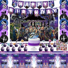 BLZY 98PCS Video Game Birthday Party Decorations, Cartoon Theme Party Supplies Include Background Cloth, Banner, Stickers, Balloons, Cupcake Toppers, Tablecloth for Kids Birthday Party