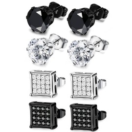 Dochais 4 Pairs Black Stud Earrings Men's Iced Out Men's Earrings Set Stainless Steel Silver Cubic Zirconia Ear Piercing Stud Allergy Free Gift for Men Women Unisex, Stainless Steel