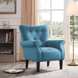 Belleze Modern Accent Chair Roll Arm Linen Living Room Bedroom Wood Leg, Blue