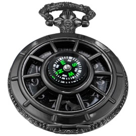 Tiong Black Men's Hollow-Out Compass Quartz Pocket Watch, Rudder Hollow Arabic Digital Dial Quartz Pocket Watches with Chain for Men