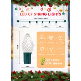 C7 LED Pure White Christmas Lights Outdoor, 100FT Christmas String Lights with 100 Plastic Bulbs, Traditional Hanging Holiday Lights for Christmas Tree Patio Fence Roofline Xmas Decorations