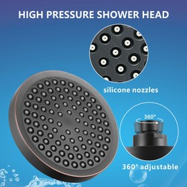 High Pressure Rain Shower Head, 6 Inch Round Fixed Shower with Swivel Ball Adjustable Angle Replacement Showerhead, Brushed Bronze, Easy Installation