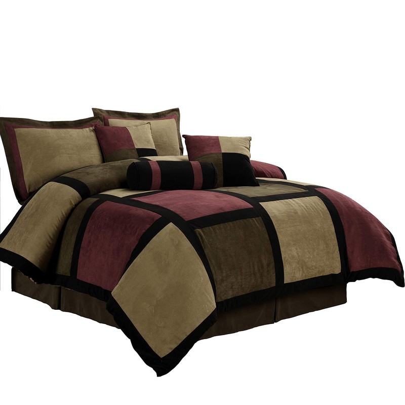 Chezmoi Collection 7-Piece Burgundy Brown Black Micro Suede Patchwork Comforter