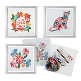 Trimits 3PK Cross Stitch Bundle – Counted Embroidery Kit, Beginner & All Level Starter Set, Complete with Instructions & Thread Children Wall Home DIY Décor – 13x13cm – Home Sweet Home, Cat, Flowers