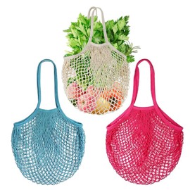 3Pack Mesh Grocery Bags,100% Cotton String Mesh Bags,Long Handle Reusable Produce Bags,Fruit and Vegetable Storage Bags Portable, Washable, Durabl (Beige/Rose/Blue)
