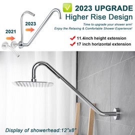 Shower Head Extension Arm with Flange，17 Inch Uvish Stainless Steel S Shaped Shower Head Riser Pipe, High Rise Extra Long Goose Neck Shower Extender Arm, Standard 1/2" Connection, Chrome