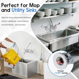 ZKDAUSDO Commercial Mop Sink Faucet with Wrist Blade Handle - Smoother, Wall Mount Service Sink Faucet with Vacuum Breaker 8 Inch Adjustable Center, Pail Hook, Rough Chrome-Plated Utility Sink Faucet