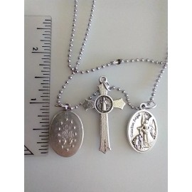 Catholic St Benedict Cross Enamel Miraculous Medal St Michael Necklace 20" Chain