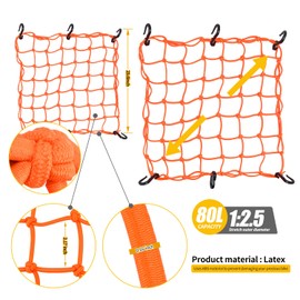 Small Cargo Net-15"x15" Expands to 30"x30" | Reinforced Hooks, Natural Latex Core | Heavy-Duty Bungee Net for Helmets, Bikes, ATV, UTV, Luggage (Orange, 1 Pack)