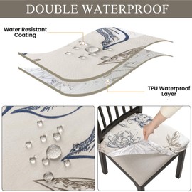 SearchI Waterproof Seat Covers for Dining Chairs, 6 Pack Stretch Dining Room Chair Seat Covers, Kitchen Chair Seat Covers Protectors(Beige and Blue Flower)