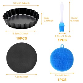 Frasheng Pack of 10 Tart Moulds with Lifting Base, Non-Stick Tart Moulds, 4 Inches/10 cm, Tartlet Moulds, Mini Tart Mould, Round Pie Mould, Tartlet Moulds Made of Carbon Steel, Black