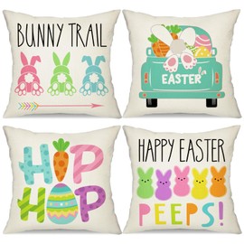 Rguct Easter Pillow Covers 18x18 Set of 4 Easter Decorations Bunny Truck Hip Hop Hello Peeps Pillows for Home Outdoor Spring Farmhouse Decor Cushion Case