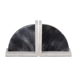 Set of 2 Rounded Bookends - Contemporary 6" Black and White Marble Bookends for Decorative Book Display and Storage for Home or Office