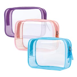 Sahunfri 3-Pack Clear Toiletry Bags Waterproof Gym & Weekend Trip Accessories Transparent PVC Cosmetic Organizers with Color Borders (Pink+Purple+Sky Blue)