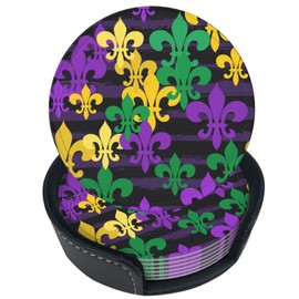 Niukom 6 Pcs Mardi Gras Leather Coasters for Drinks with Holder Coaster Sets Drink Table Cup Coasters for Living Room Kitchen Coffee Decor