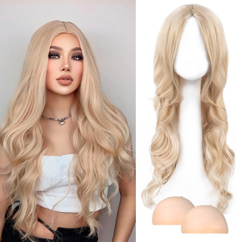 AYNKH Long Blonde Wave Wigs - 27" Curly Hair Wig