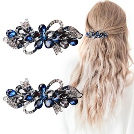 2PCS Rhinestone Hair Clips for Women - Blue Vintage Flower Jewelry Design Hairpin Jewelry Design Hairpin, French Crystal Flower Hair Clips Sparkly Hair Accessories for Women Fashion Gifts