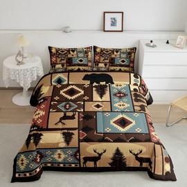 Wild Animal Bedding Set Retro Exotic Boho Plaid Comforter Set Wild Bear Deer Antlers Hunting Comforter Cover for Boys Girls Decor Brown Duvet Set Full Size with 1 Pillow Case Boys