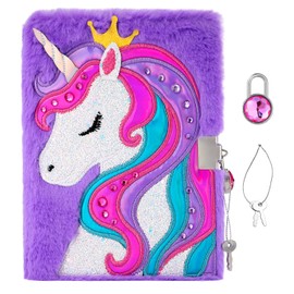 Pinkgarden Diary for Kids, 160 Pages Secret Diary, Plush Notebook with Lock and Key for Writing and Drawing, Gifts for Girls, Kids, Boys (New Unicorn)