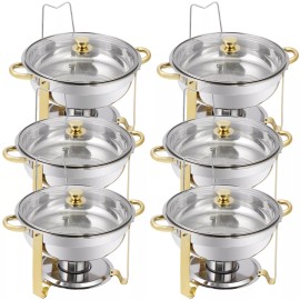 SEGAWE 6 Pack 5QT Round Chafing Dish Buffet Set Food Warmer Chafer w/Glass Lid Gold Leg