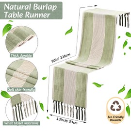 Gandeer 6 Sets Boho Round Woven Placemats Embroidered Striped Tassel Long Green Table Runner Farmhouse Rustic Natural Burlap Cotton for Summer Kitchen Dining Table Home Accessories