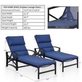TOP HOME SPACE Patio Lounge Chairs 2 Pcs Outdoor Chaise Lounge Chair Set Blue Textilene Chaise Chairs with Long Cushion