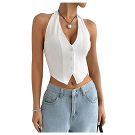 MakeMeChic Women's Button Front Halter Crop Tops Tie Back Fitted Vest Top Suit Vest Waistcoat White Large