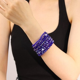Asphinien Vintage Stackable Beaded Stretch Bracelet Set 7 Pieces Bohemian Sparkly Elastic Beaded Hand Chain Boho Multicolor Acrylic Faux Crystal Accessories (Royal blue)