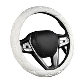 DXNQ Bling Crystal Steering Wheel Cover, 15 Inch Soft Leather Sparkling Rhinestone Steering Wheel Protector, Universal Anti-Slip Steering Wheel Pad for Women Girls, Car Accessories (White)