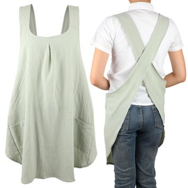 ROLOSI Japanese Cross Back Apron for Women Cotton Linen Pinafore Kitchen Apron with Pockets for Cooking, Baking, Gardening