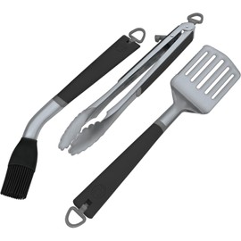Coleman Revolution 3-Piece BBQ Grill Tool Kit, Stainless Steel Grilling Tool Set with Basting Brush, Locking Tongs, and Spatula with Ergonomic Handles and Hanging Loops for Easy Storage