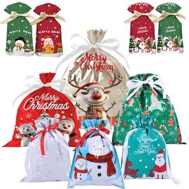 10Pcs Christmas Foil Gift Bags Drawstring,Xmas Pull String Foil Bags,Reusable Foil Wrap Bags Present Sacks Gift Christmas Bags Multipack,Large Medium Small Gift Bags for Presents Xmas Party Decoration