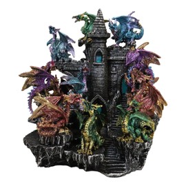 Ebros Gift Medieval Metallic Colorful 12 Mini Dragons Guarding Mountain Stonewall Castle Fortress Display Stand Figurine Set 9.5" Tall