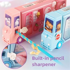 School Bus Pencil Case, Cartoon Pen Box with Sharpener, Large Capacity Stationery Organizer, Best Birthday Gifts for Kids Teens School Supplies (Blue)