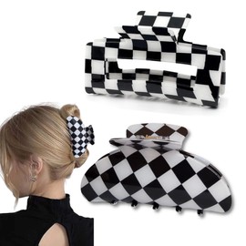 Big Hair Claw Clips Large Womens Checkered Hair Clips For Thick Hair Strong Hold Hair Jaw Clips Clamps Black And White Jaw Clip (2 Pack)