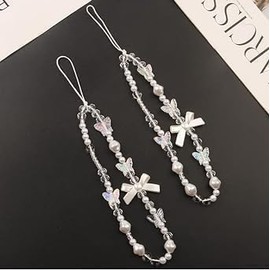 Mioaoa White Cute Cell Phone Charms, Creative Bows Pearl Beaded Phone Lanyard Wrist Strap, Anti-Lost Chain Keyring Charms Camera Wallet Decoration Pendant Decor