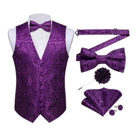 DiBanGu Silk Paisley Vest for Men Formal Suit Waistcoat and Bowtie Lapel Pin Set 7PCS Dress Vest for Suit or Tuxedo, Plum Purple, Large