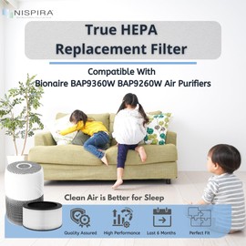 Nispira BAPF160 Replacement Filter K for Bionaire Air Purifier BAP9360W BAP9260W 3-in-1 True HEPA Activated Carbon, 2 Packs
