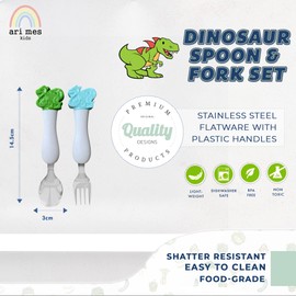ARI MES - Toddler Utensils Set – Dinosaur Spoon and Fork Set for Toddlers – BPA-Free Dino Forks and Spoons for Kids – Easy-Grip Dinosaur Utensils for Toddlers – Kids Forks and Spoons – Fun Child Meal