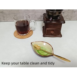 Coffee Spoon and Rest for Coffee Bar Accessories, Ice Cracks Leaf Small Spoon Rest for Coffee Station, Tea Spoon Rest Tea Spoon Holder Teaspoon Rest, 1 PC (Ice Cracks Grass green with Gold Rose Spoon)