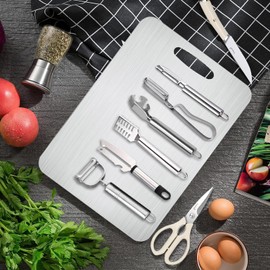 Titanium Cutting Board Set, 8-in-1 Double Sided Pure Titanium Cutting Board & Steel Knife, Fruits,Meat& Vegetable Peeler, Fish Scaler, with Anti-slip Mat,for Kitchen Cooking(18 x 12 in)
