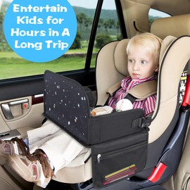 MENZOKE Kids Travel Tray, Travel Tray for Kids Car Seat with Educational Drawing Board，Tablet Holder & Cooler Cup Holder， Portable Road Trip Essentials Kids Gifts for Car Trip, Airplane, Black